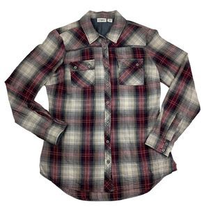 Cato Plaid Button Up Long Sleeve Shirt Women's S Small Red Wine Black Off White